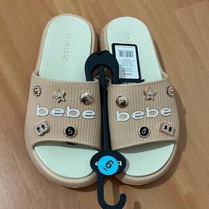 bebe Tan Slide Sandals with Embellishments